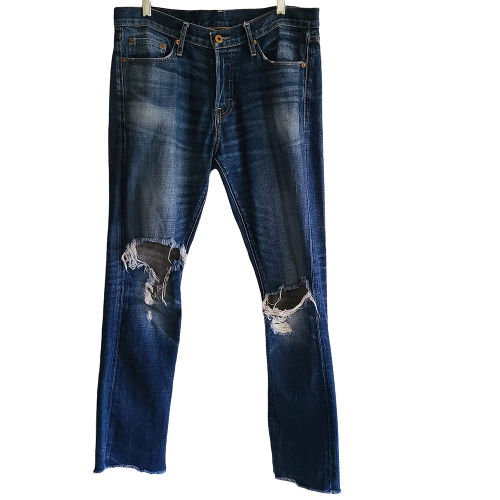NSF Busted Knee Raw Hem Distressed Button Fly Dark Wash Jeans Women's 33